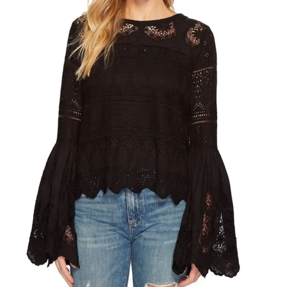Free People Once Upon A Time Lace Bell Sleeves Top In Black Size S NWOT